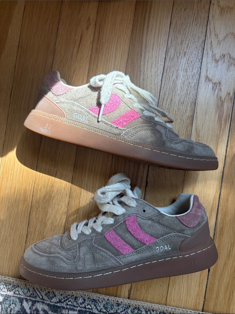 Coolway Suede Lace-Up Sneakers in Taupe with Pink Detail